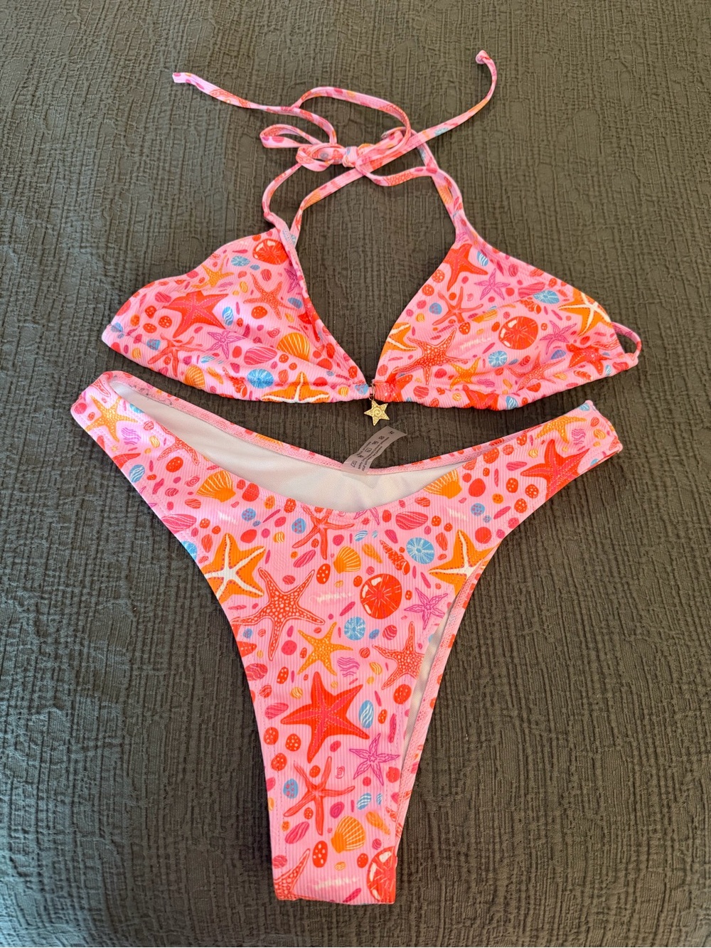 SHEIN Pink Starfish & Seashell Print Triangle Halter Bikini High Cheeky